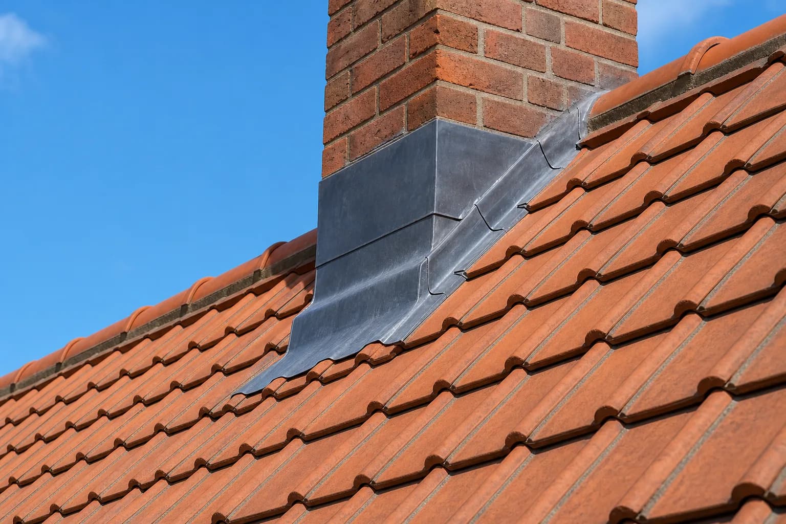 Close-up of repaired clay roof tiles and fresh mortar on a pitched roof on a bright day