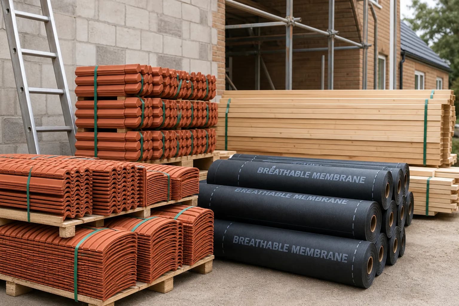 Roofing materials including clay tiles, breathable membrane and timber battens on site